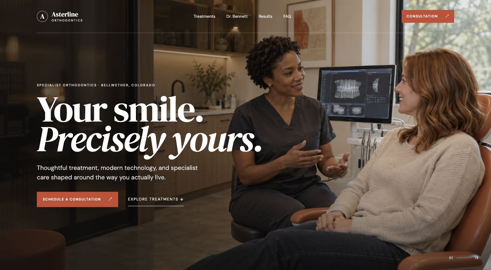 Screenshot of the Asterline Orthodontics homepage hero, including navigation, headline, consultation button and specialist imagery