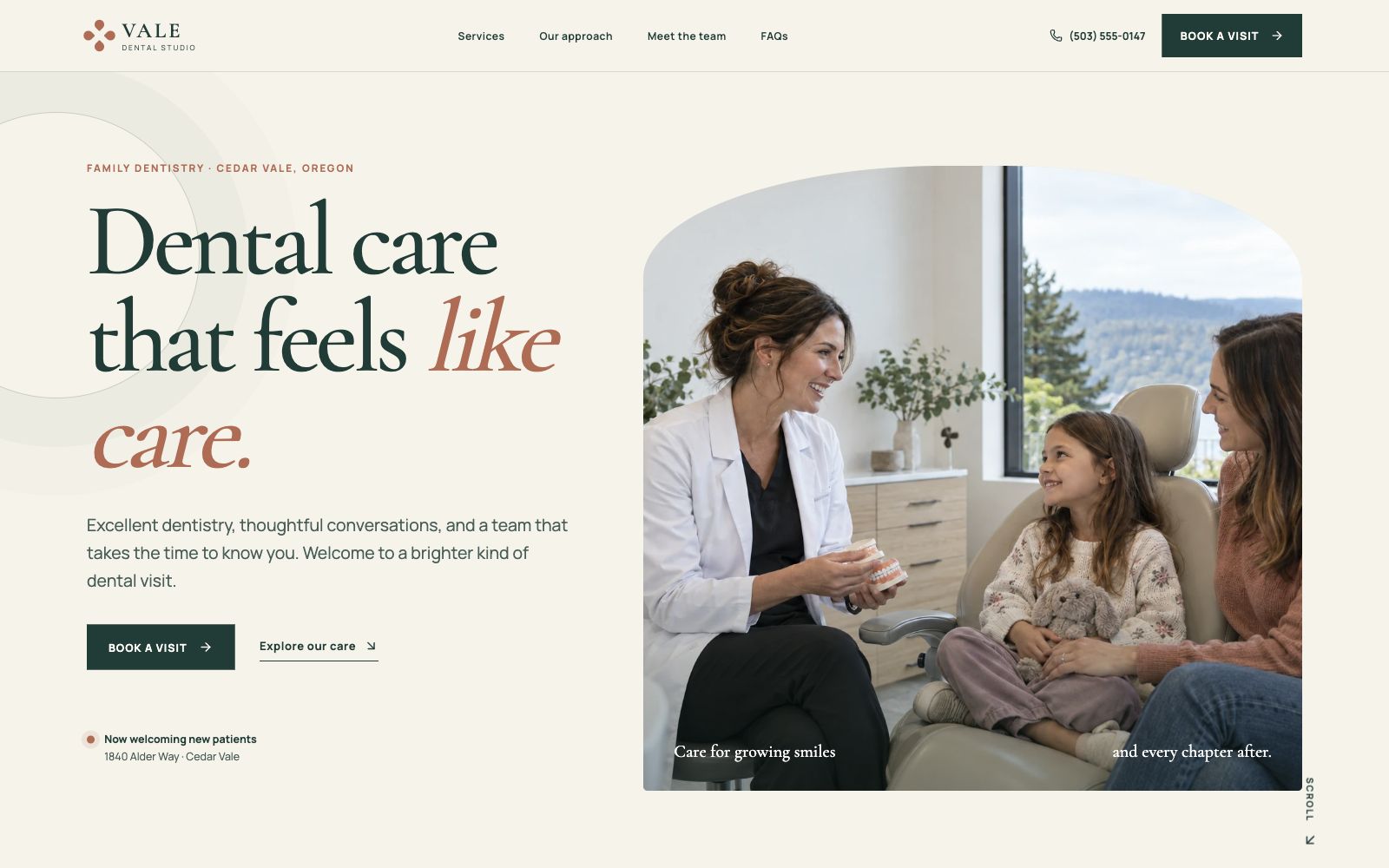 Screenshot of the Vale Dental Studio homepage hero, including navigation, headline, booking button and family dentistry imagery